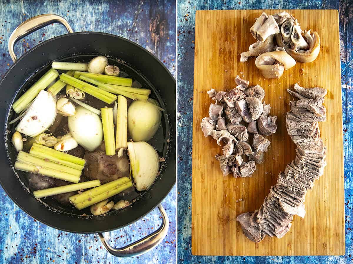 Making stock, and shredded and sliced meats on a cutting board for making Bun Bo Hue