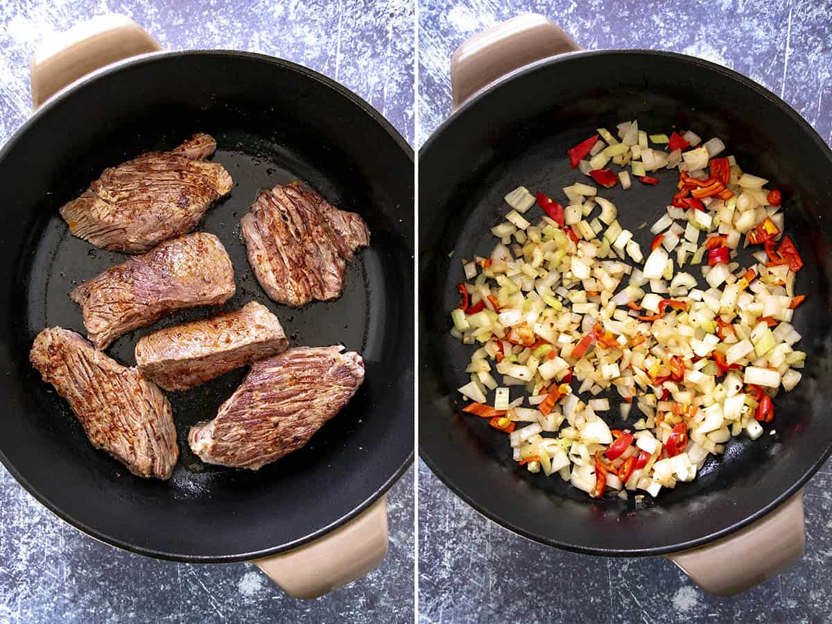 Searing short ribs and cooking vegetables in a pot to make Galbi Jjim (Korean Braised Short Ribs)