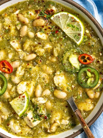 Hearty Green Chicken Chili in a bowl with garnish