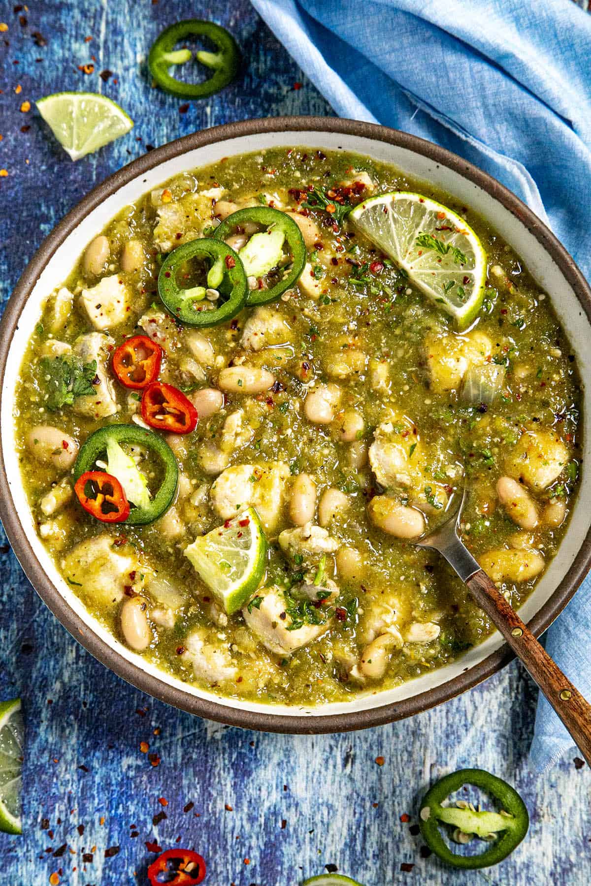 Green Chick Chili in a bowl with a spoon