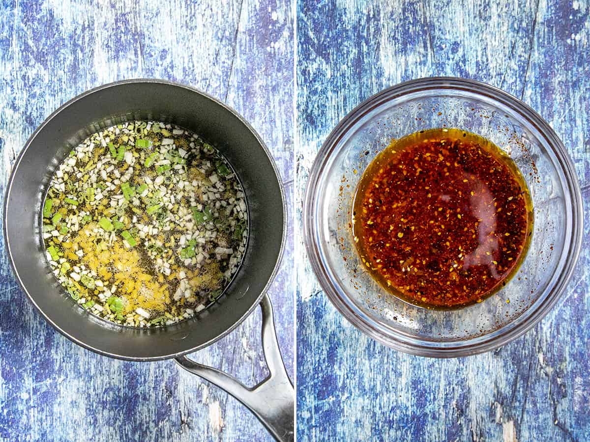 Simmering oil and aromatics, and hot Rayu (Japanese Chili Oil) ingredients poured over chili flakes