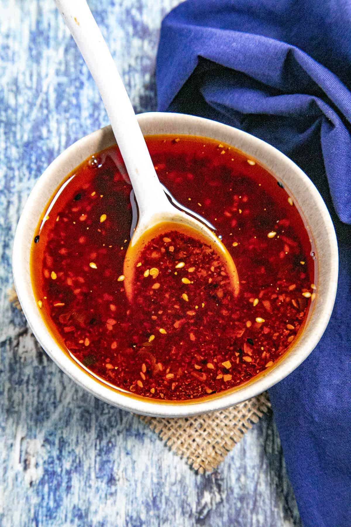 Rayu (Japanese Chili Oil) in a bowl with a spoon