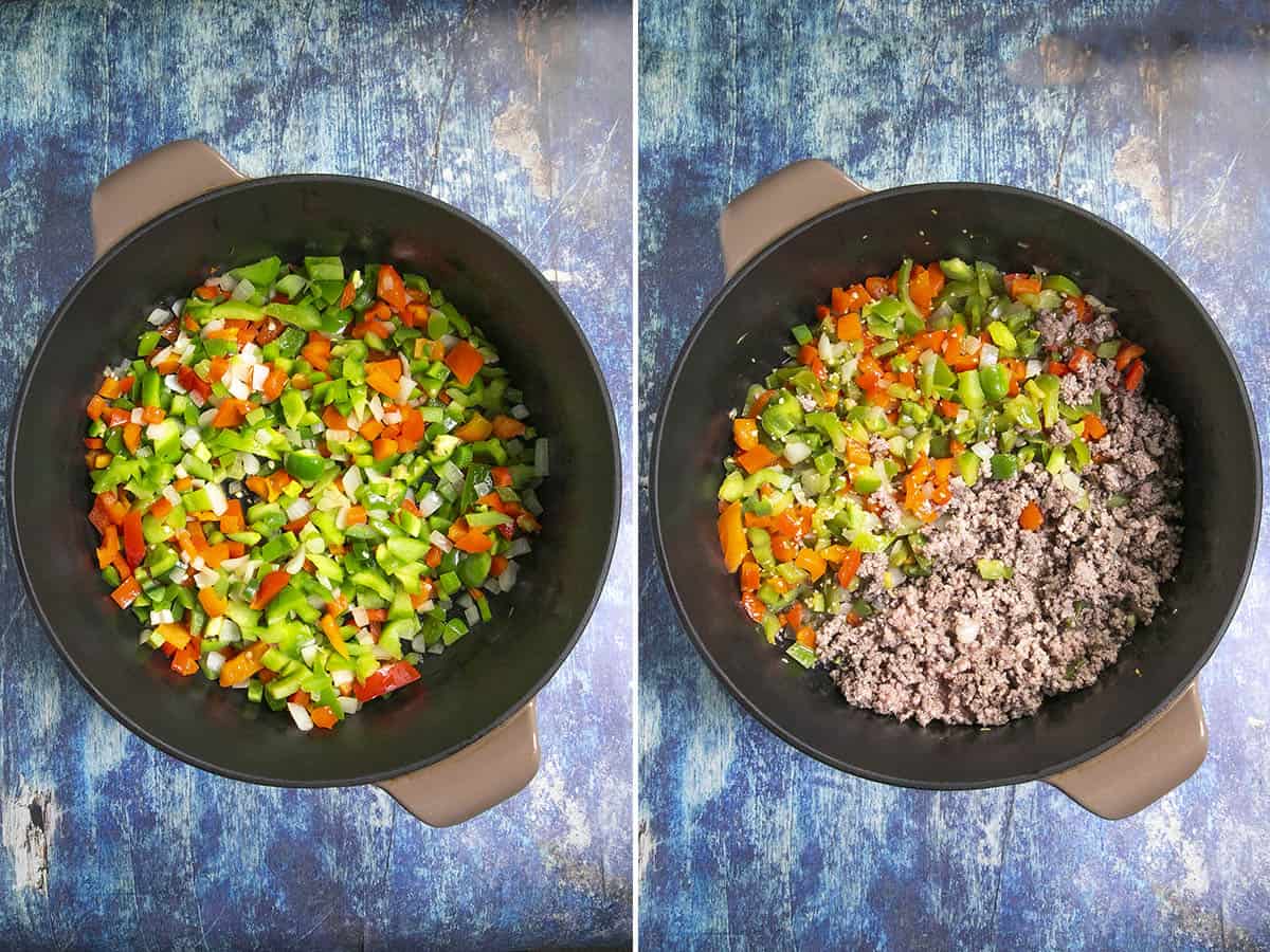 Cooking vegetables and ground beef to make Stuffed Pepper Soup