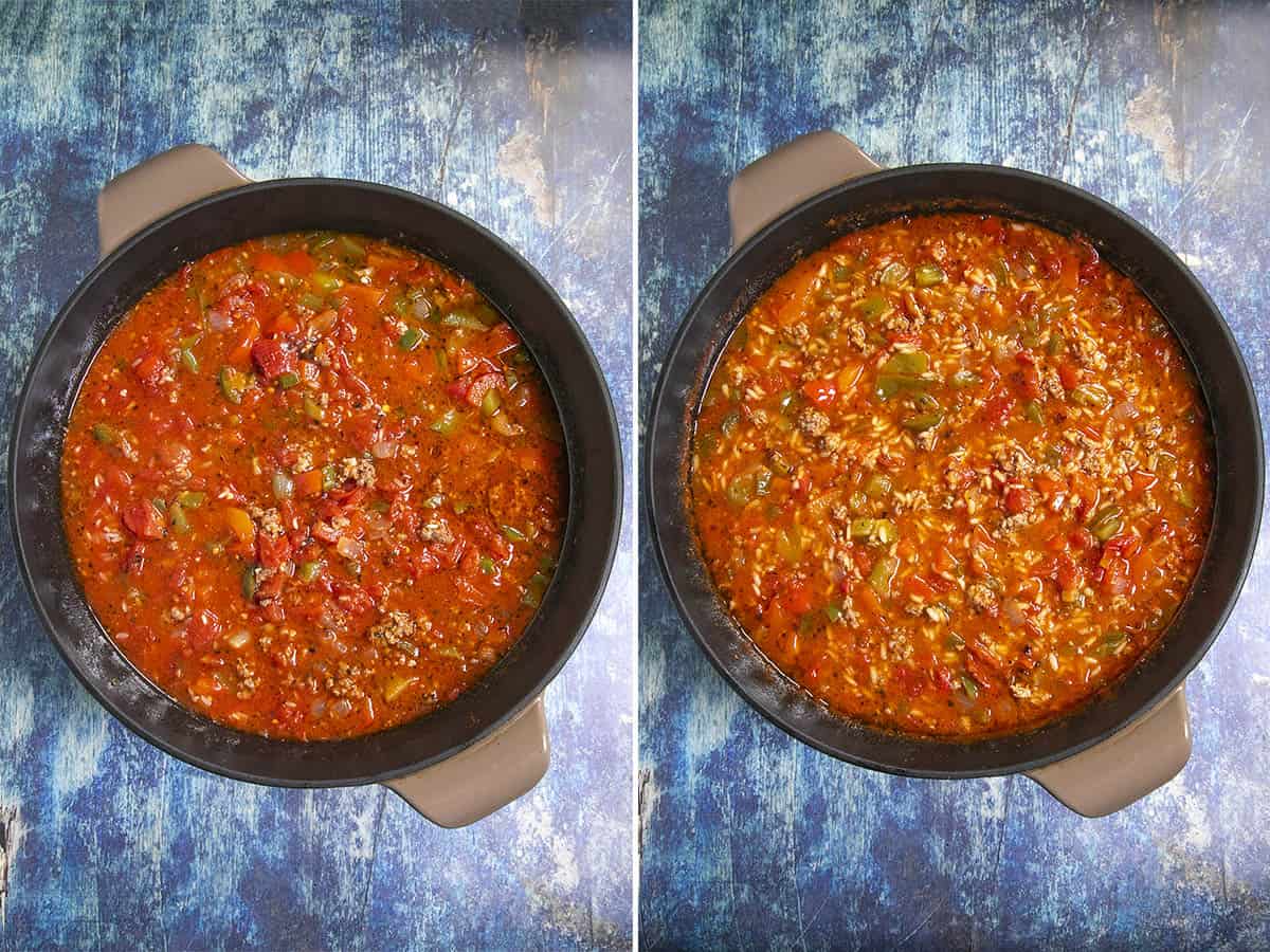 Simmering Stuffed Pepper Soup in a pot with rice