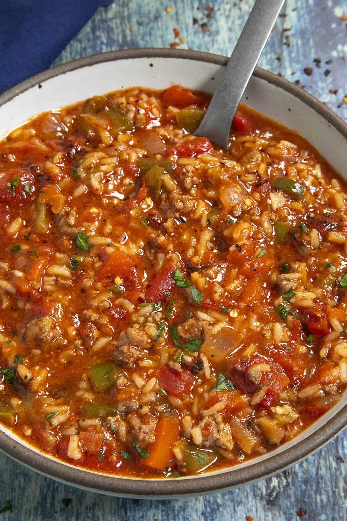 A bowl of Stuffed Pepper Soup with garnish