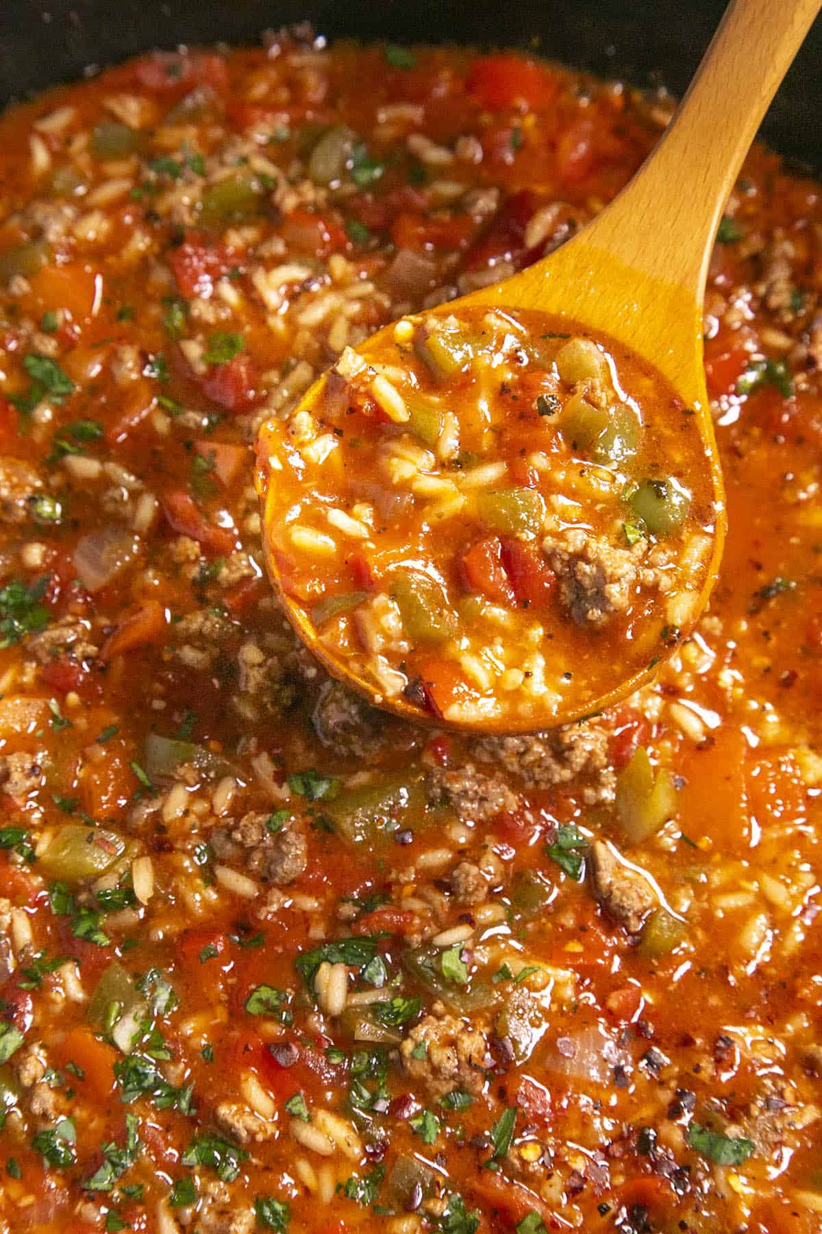 Mike serving a scoop of Stuffed Pepper Soup from the pot