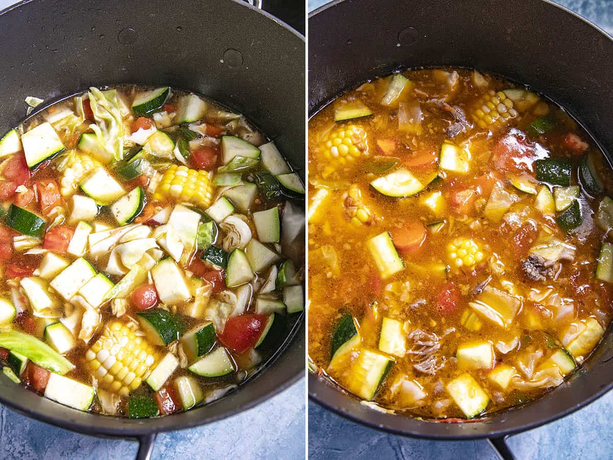 A large pot of Caldo de Res (Mexican Beef Soup) simmering, almost ready to serve