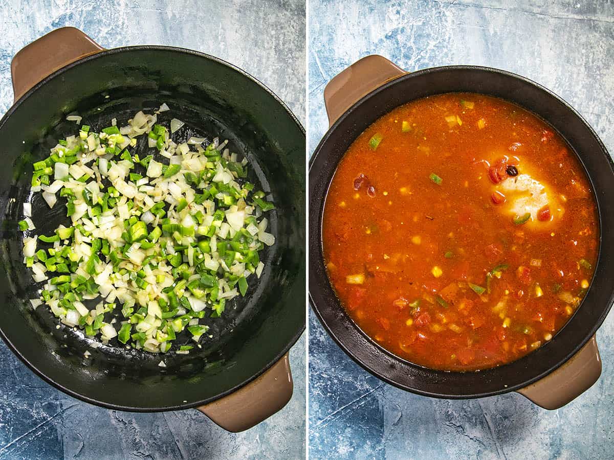 Cooking onion and peppers, and Chicken Tortilla Soup simmering in a pot