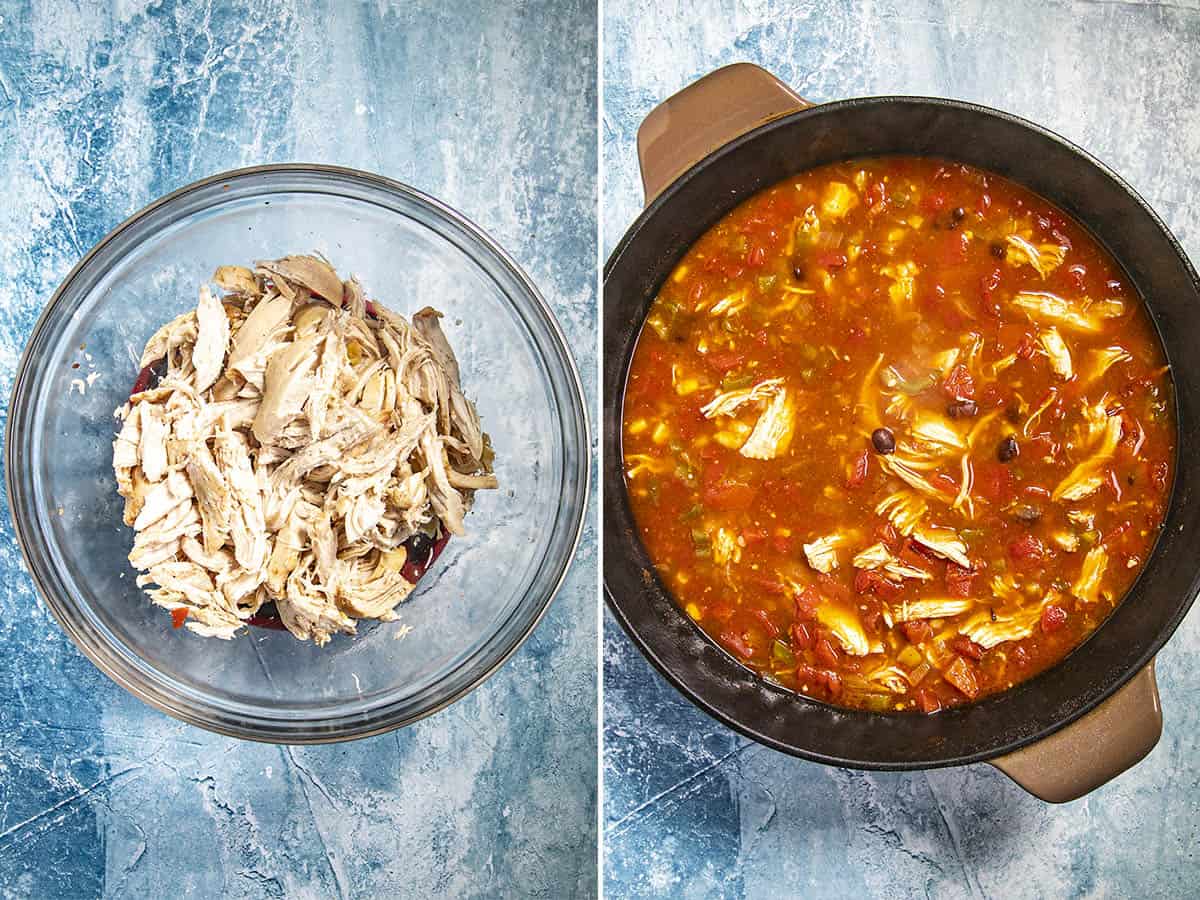 Shredded chicken and Chicken Tortilla Soup simmering in a large pot