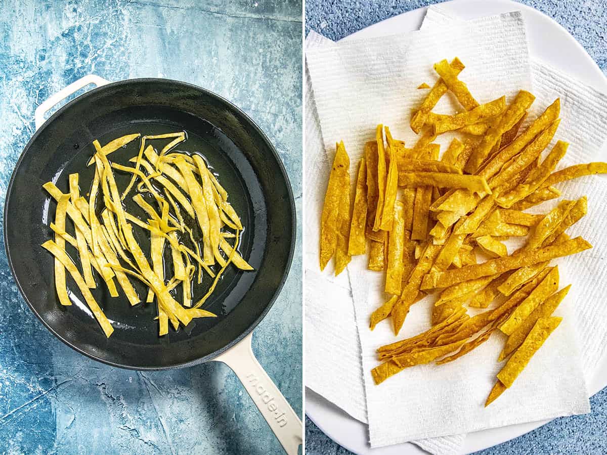 Frying tortilla strips for making Chicken Tortilla Soup