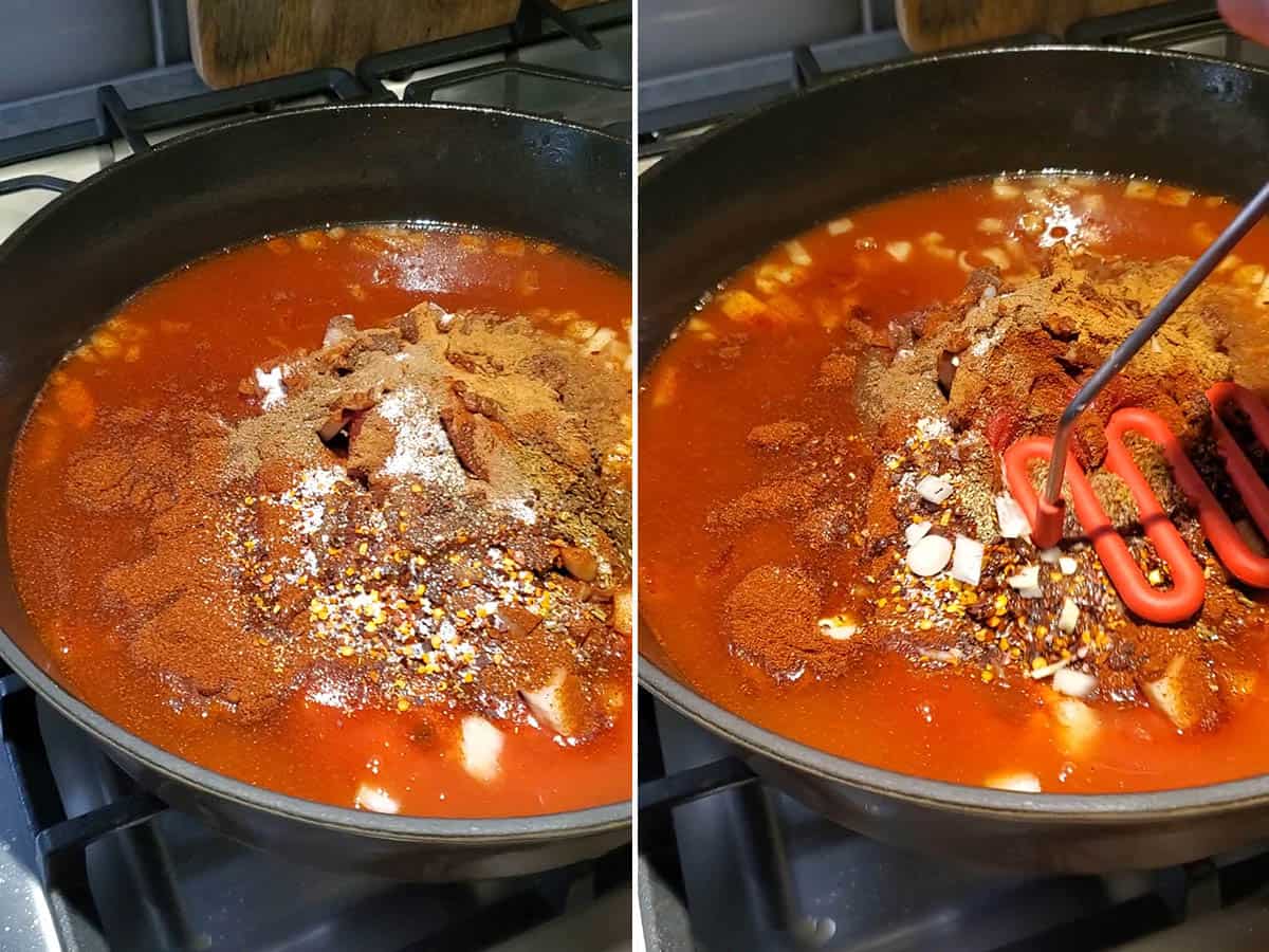 Adding all of the Cincinnati Chili ingredients to a pot and mashing it together