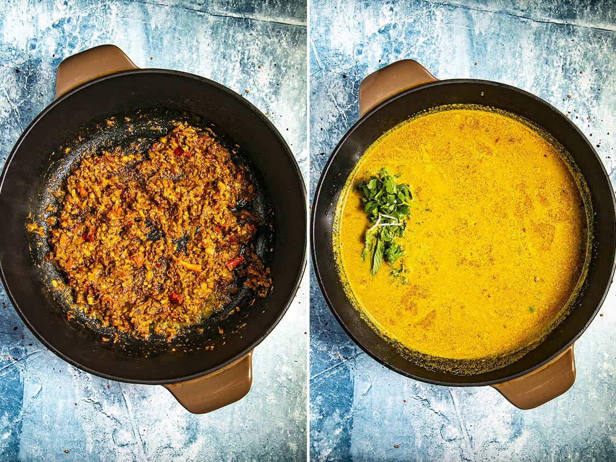 Cooking homemade laksa paste in a large pot, and simmering laksa (coconut curry)