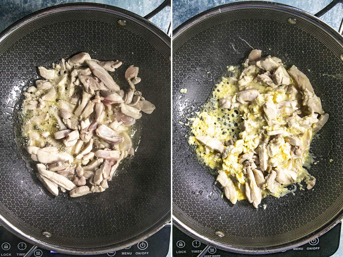 Stir frying chicken and scrambled eggs in a pan to make pad see ew