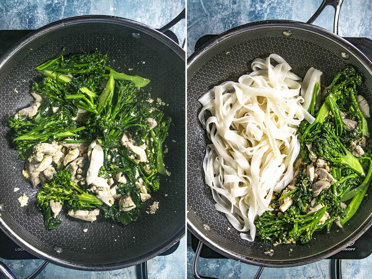 Stir frying Pad See Ew noodles in a pan with broccoli and chicken
