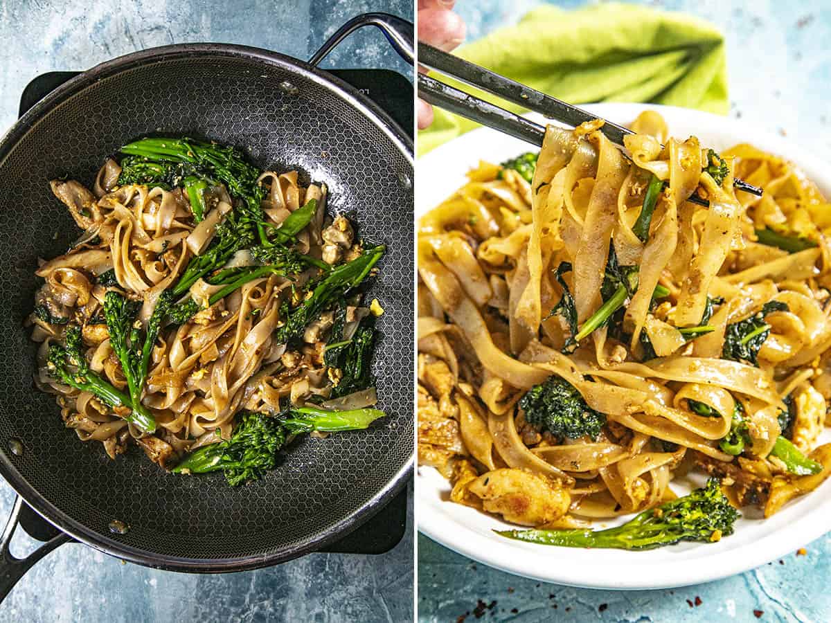 Stir frying Pad See Ew noodles in a pan and serving in a bowl