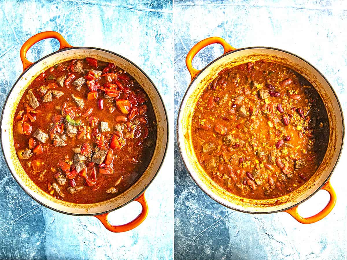 Short Rib and Chorizo Chili Simmering in a Dutch Oven