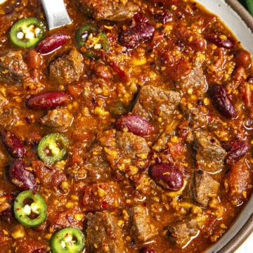 A white bowl filled with Short Rib and Chorizo Chili