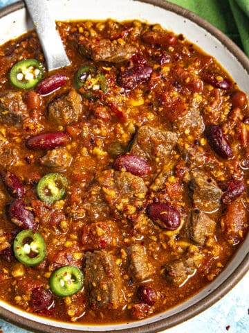 A white bowl filled with Short Rib and Chorizo Chili