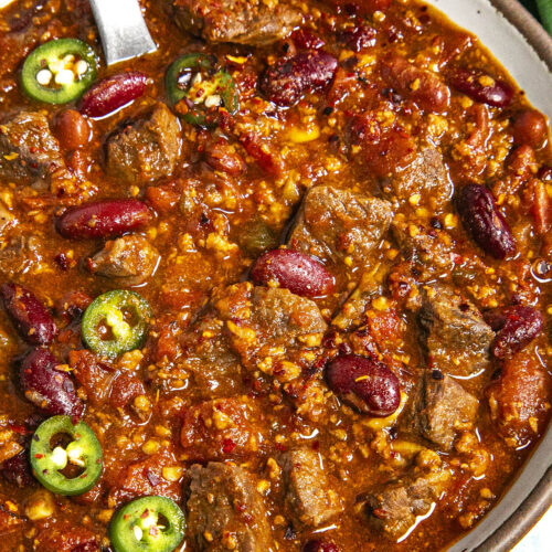A white bowl filled with Short Rib and Chorizo Chili