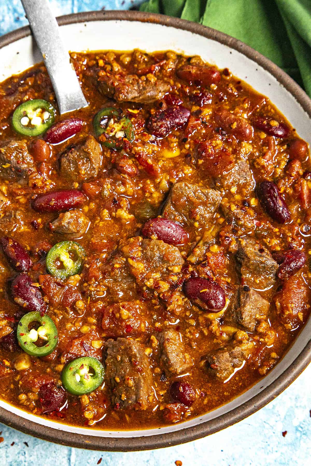 A white bowl filled with Short Rib and Chorizo Chili