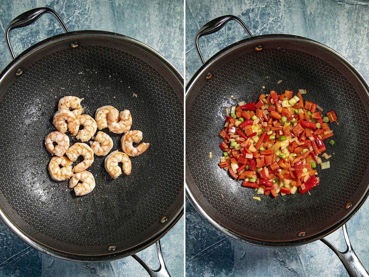 Stir frying shrimp, peppers and vegetables in a wok to make Thai Fried Rice
