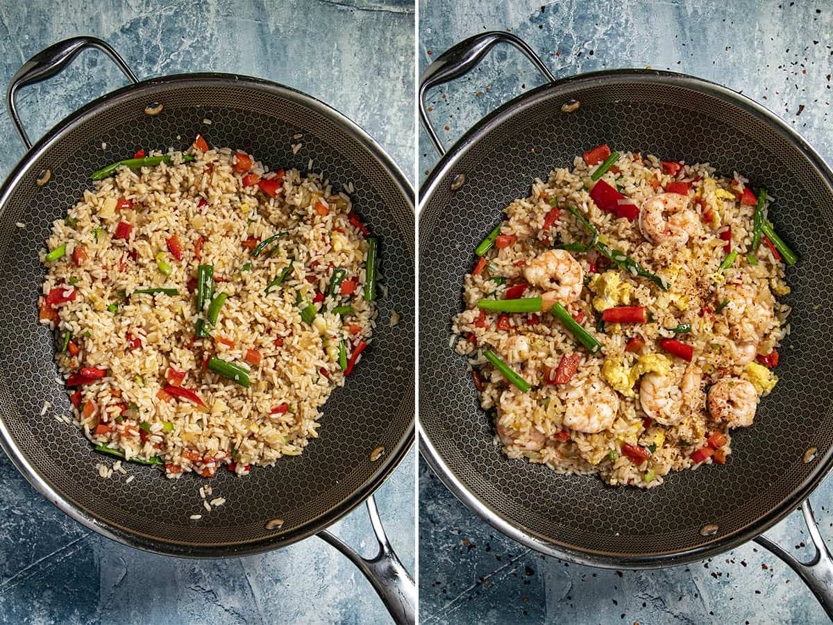 Stir frying Thai Fried Rice in a pan, with added shrimp