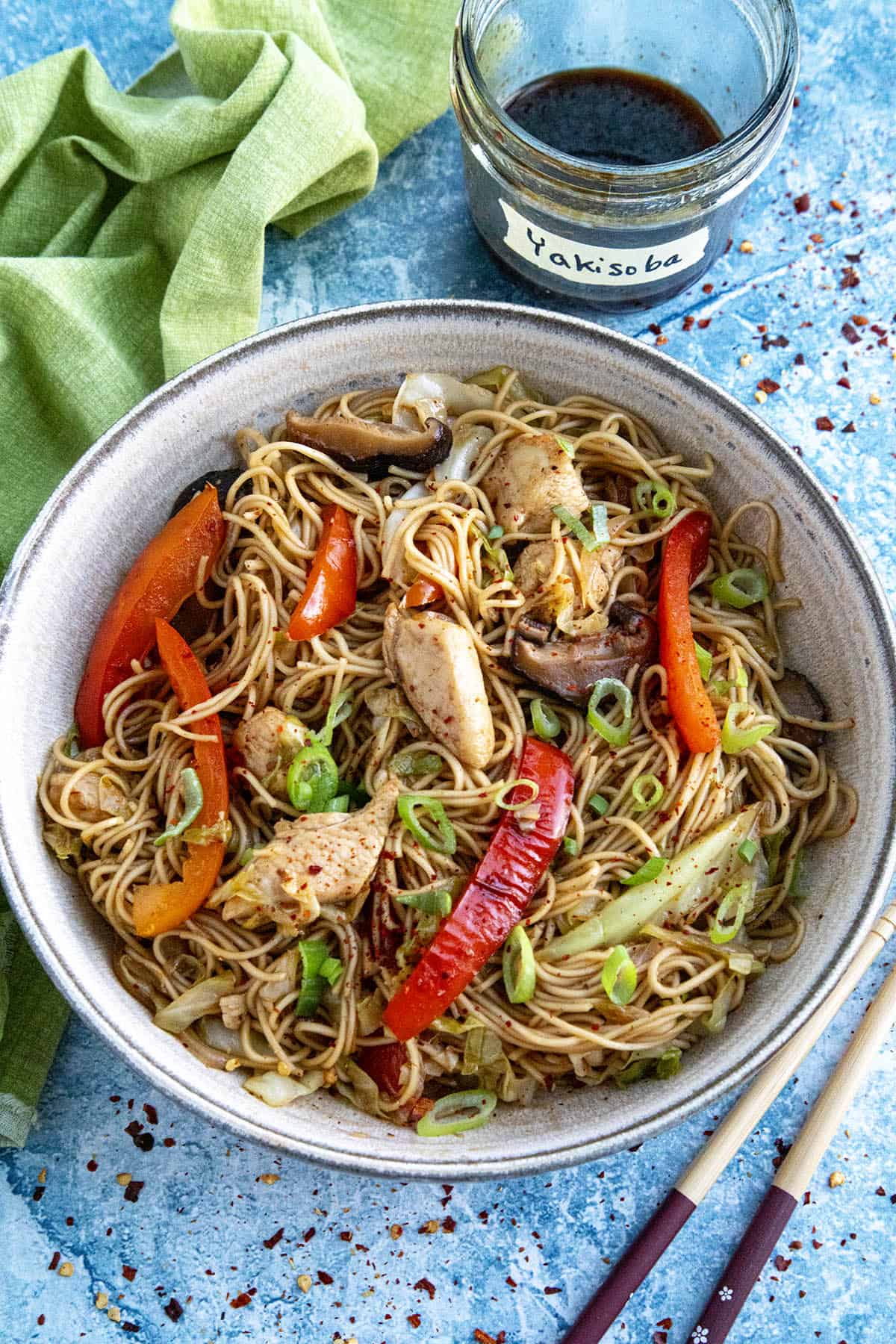 Yakisoba Noodles in a bowl with lots of peppers