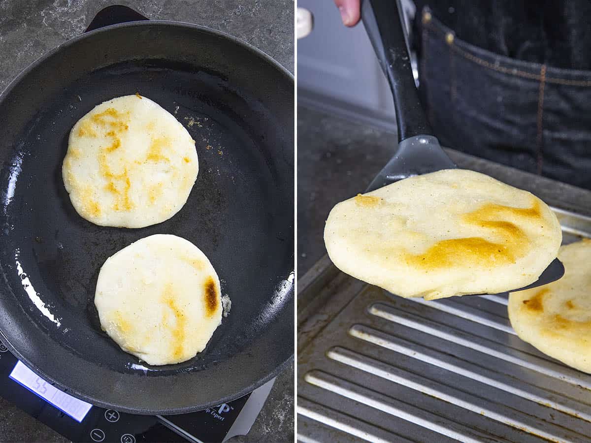 Cooking arepas in a hot pan