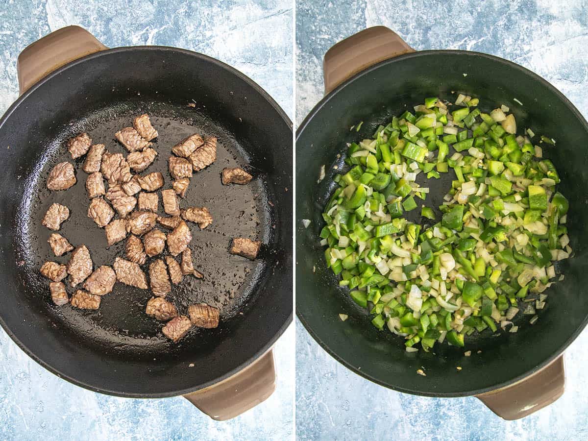 Browning Chopped Brisket and Cooking vegetables in a pot to make Brisket Chili