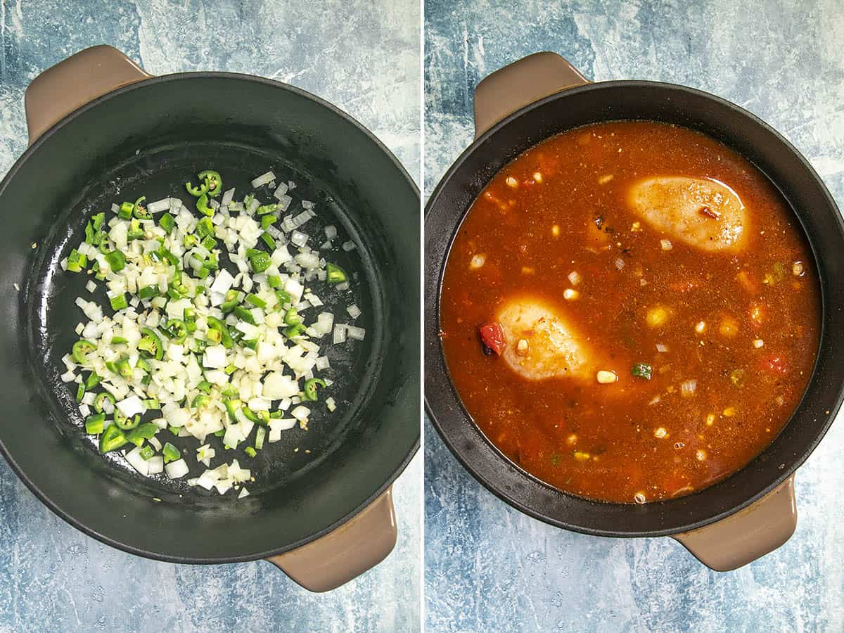 Cooking down peppers and onions, and simmering chicken in a pot to make Chicken Enchilada Soup