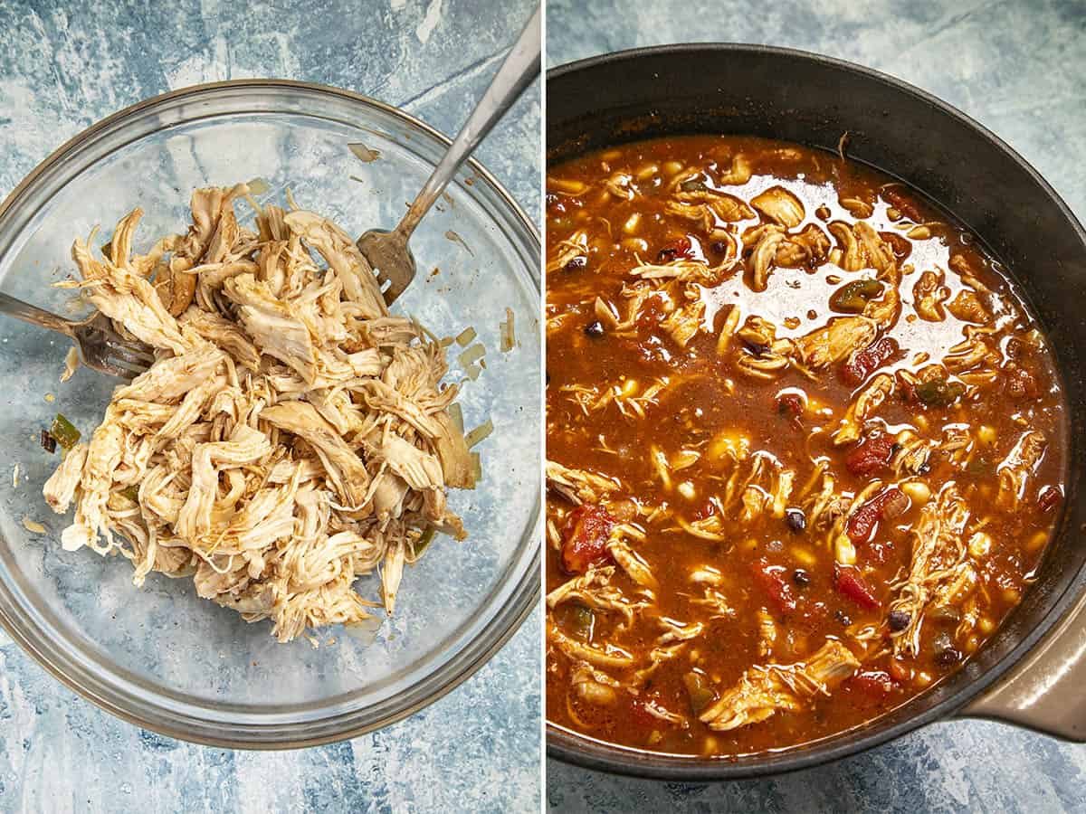 Shredded chicken and Chicken Enchilada Soup simmering in a pot