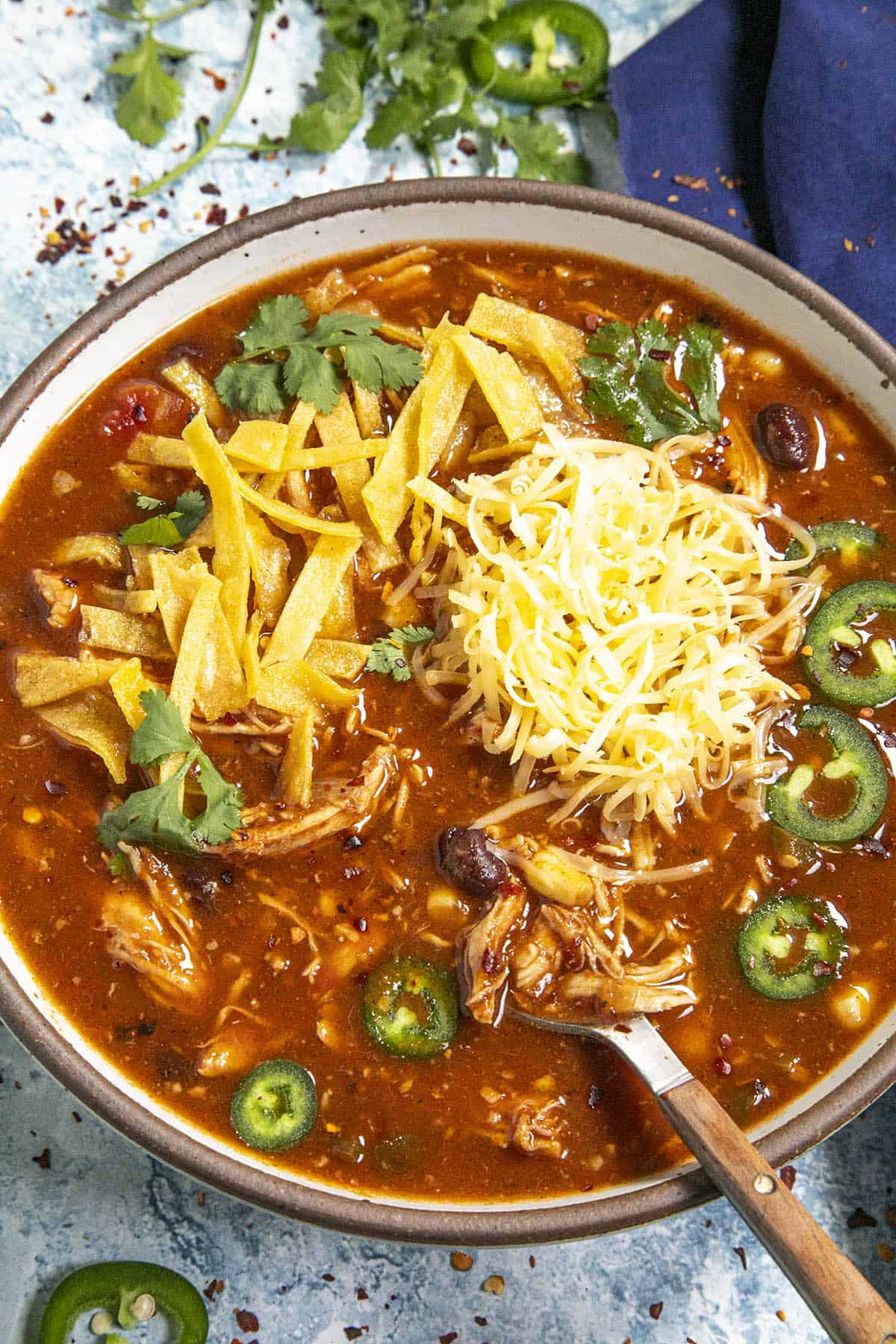 Chicken Enchilada Soup with lots of garnish and shredded cheese