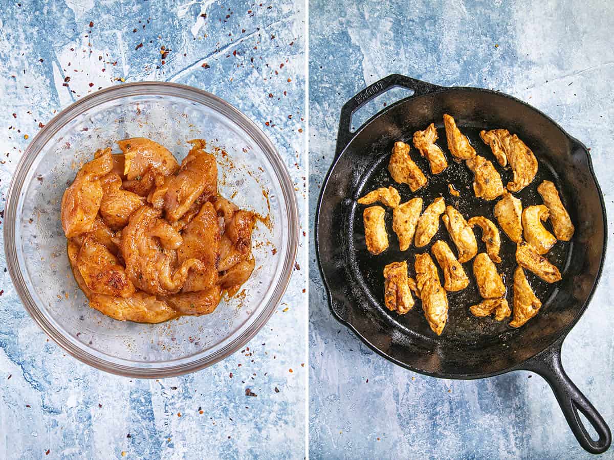 Marinating and cooking chicken in a hot pan to make chicken fajitas