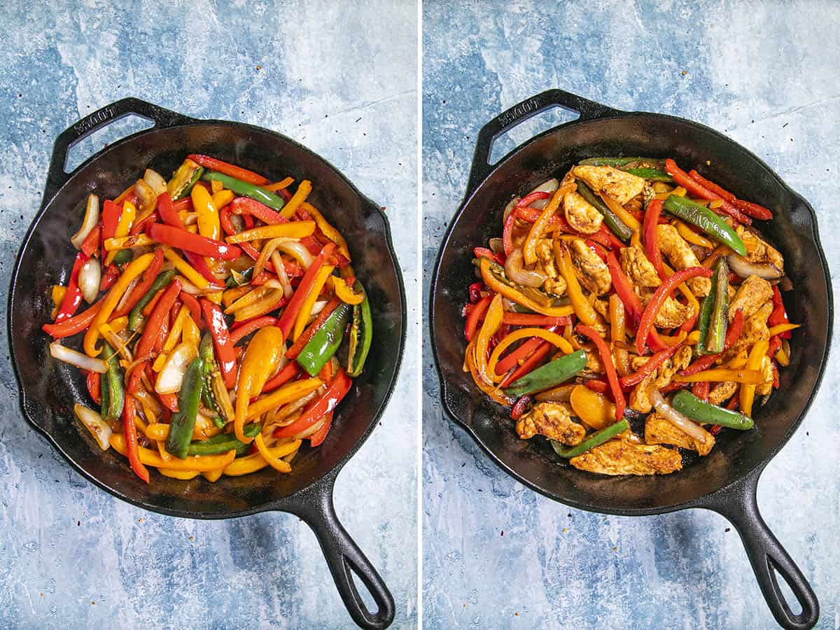 Cooking peppers and onions in a pan, then adding cooked chicken to make chicken fajitas