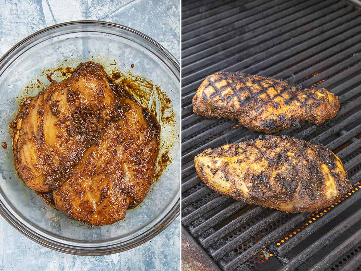 Marinating chicken breasts and grilling them to make chicken shawarma