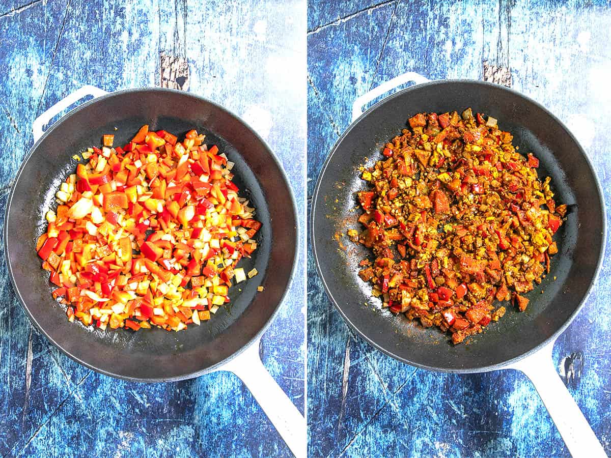 Cooking down vegetables and spices to make chicken tikka masala