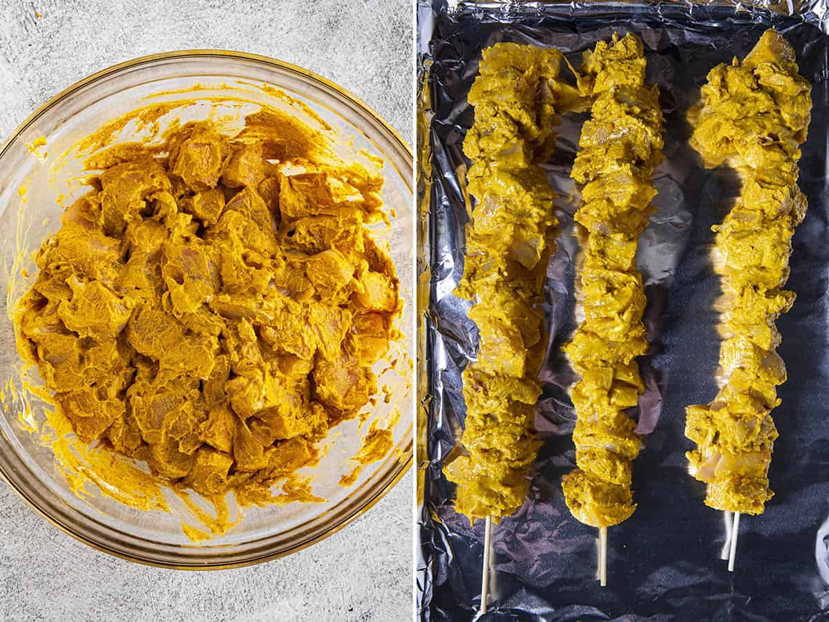 Marinating chicken and threading it into skewers to make chicken tikka masala