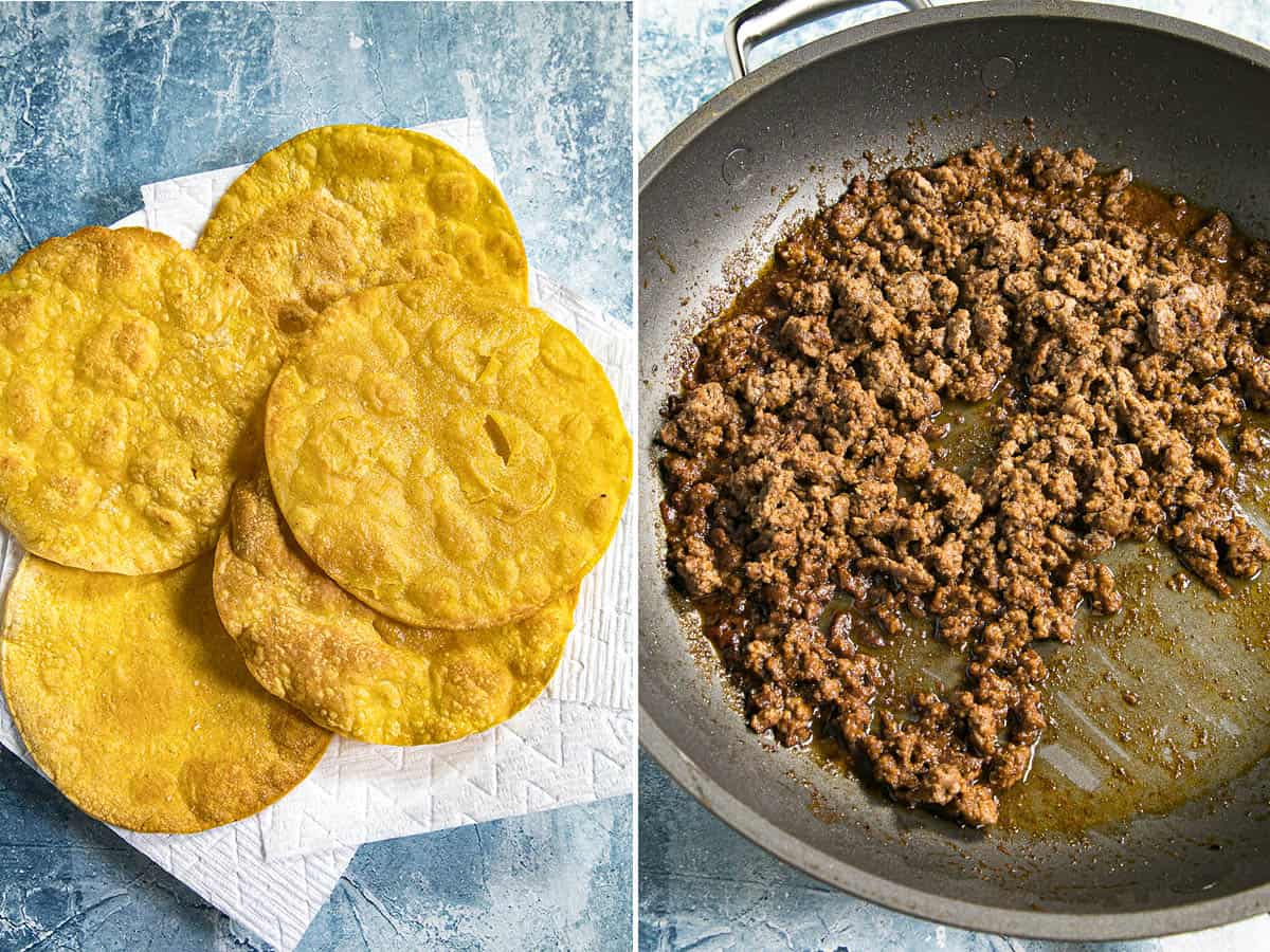 Fried, crispy tortillas and cooking taco meat in a pan to make Mexican pizzas