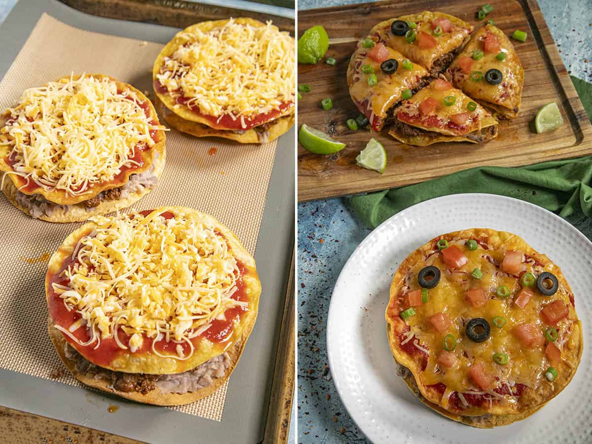 Layered Mexican pizza ready to bake, and Mexican pizzas fresh out of the oven
