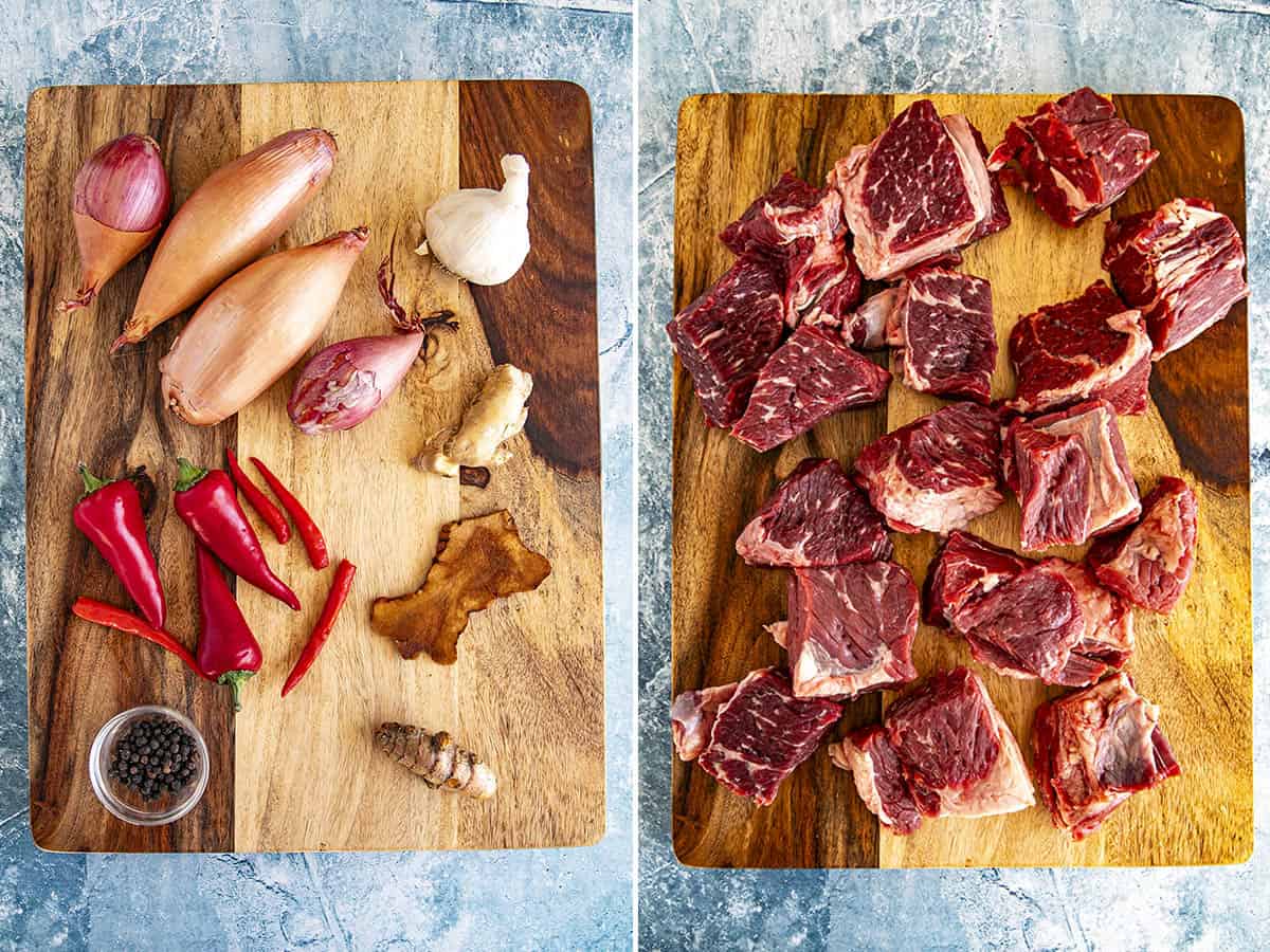 Beef Rendang Ingredients on Cutting Boards