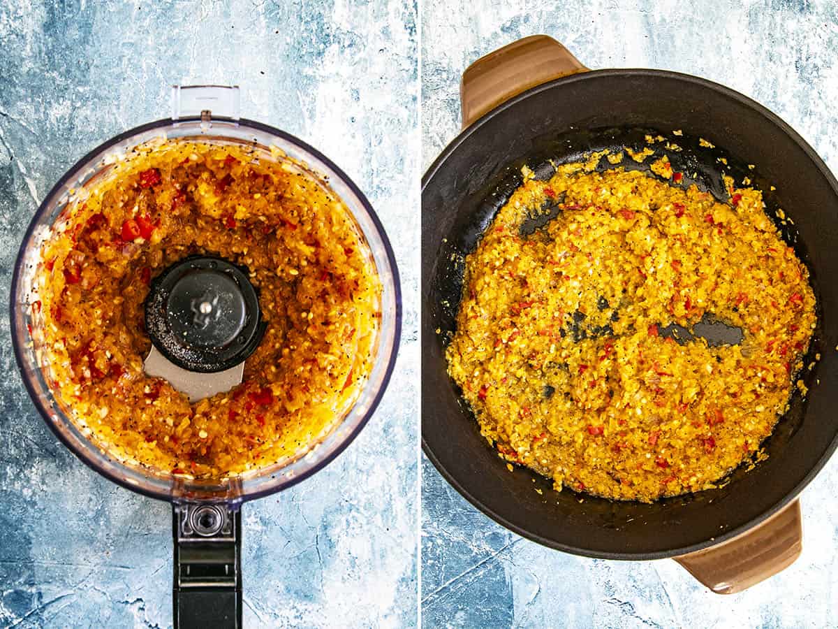 Cooking the chili puree in a pot to make beef rendang