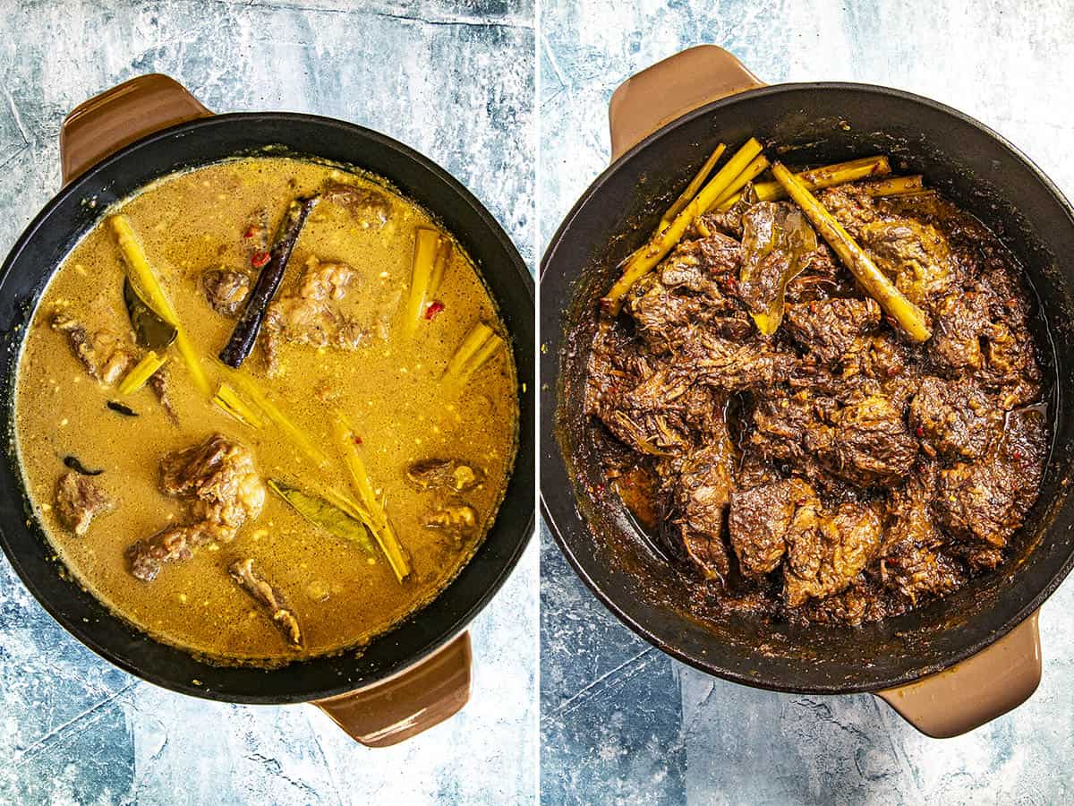 Simmering beef rendang in a pot until all the flavors are absorbed
