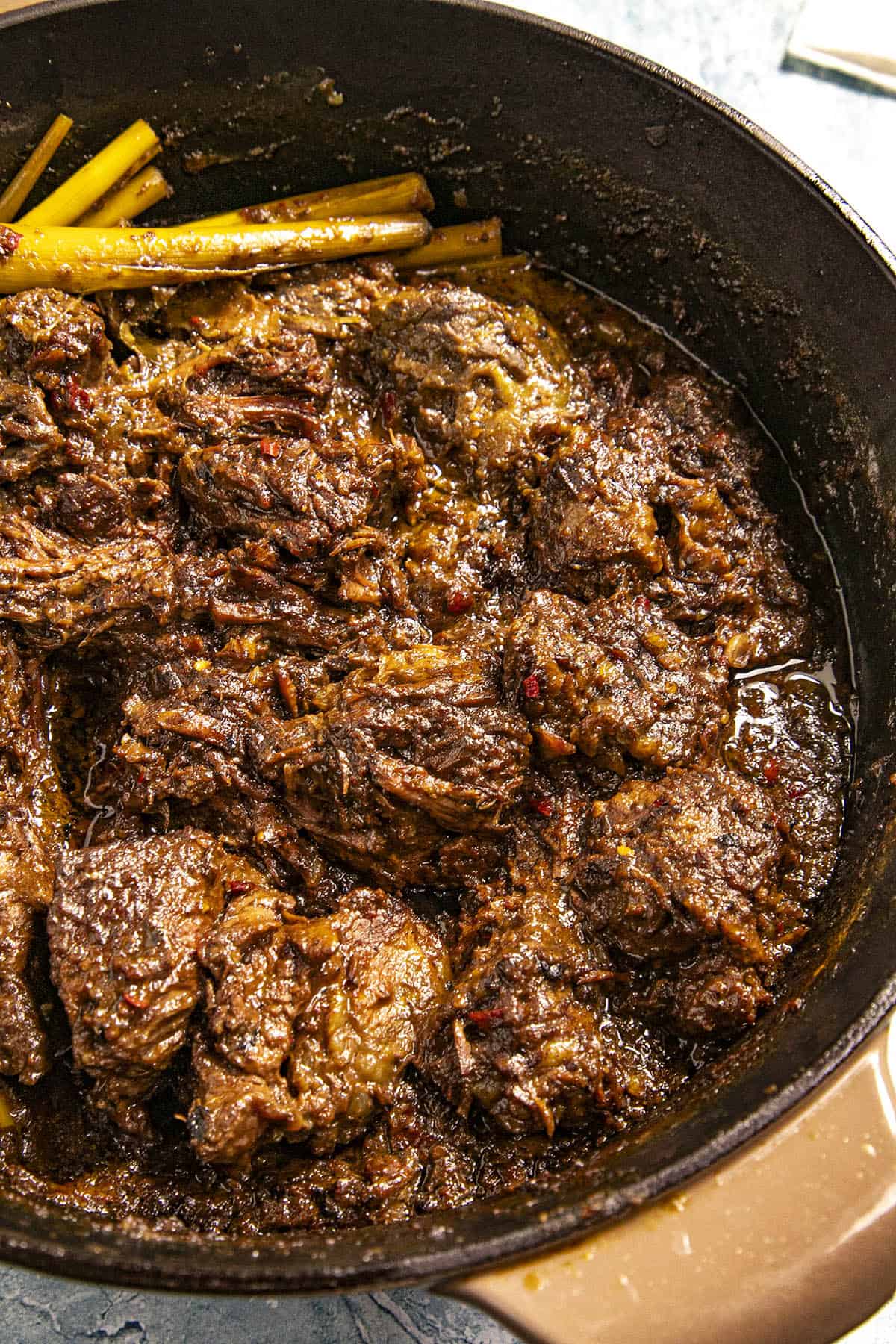 Beef Rendang in a pot, ready to serve