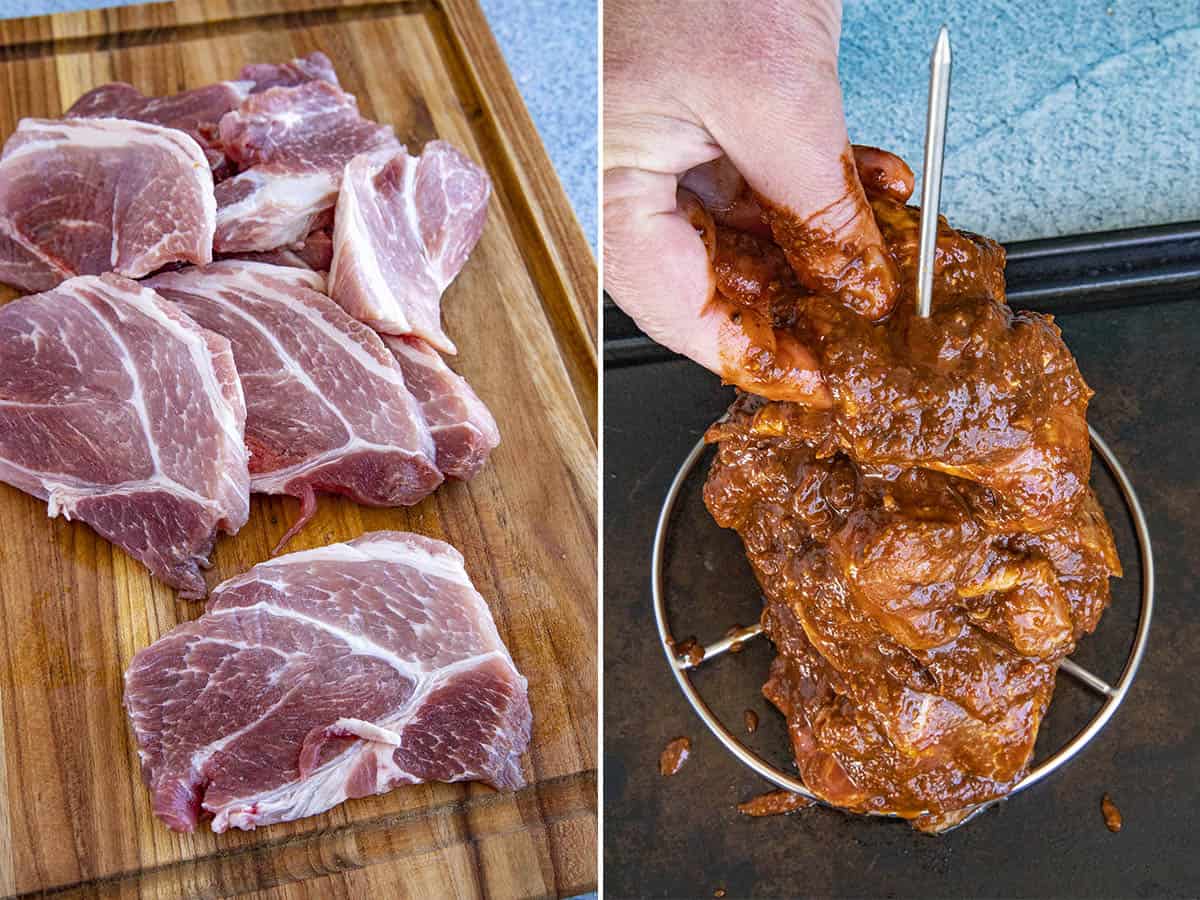 Slicing, marinating, then threading threading pork onto a standing skewer