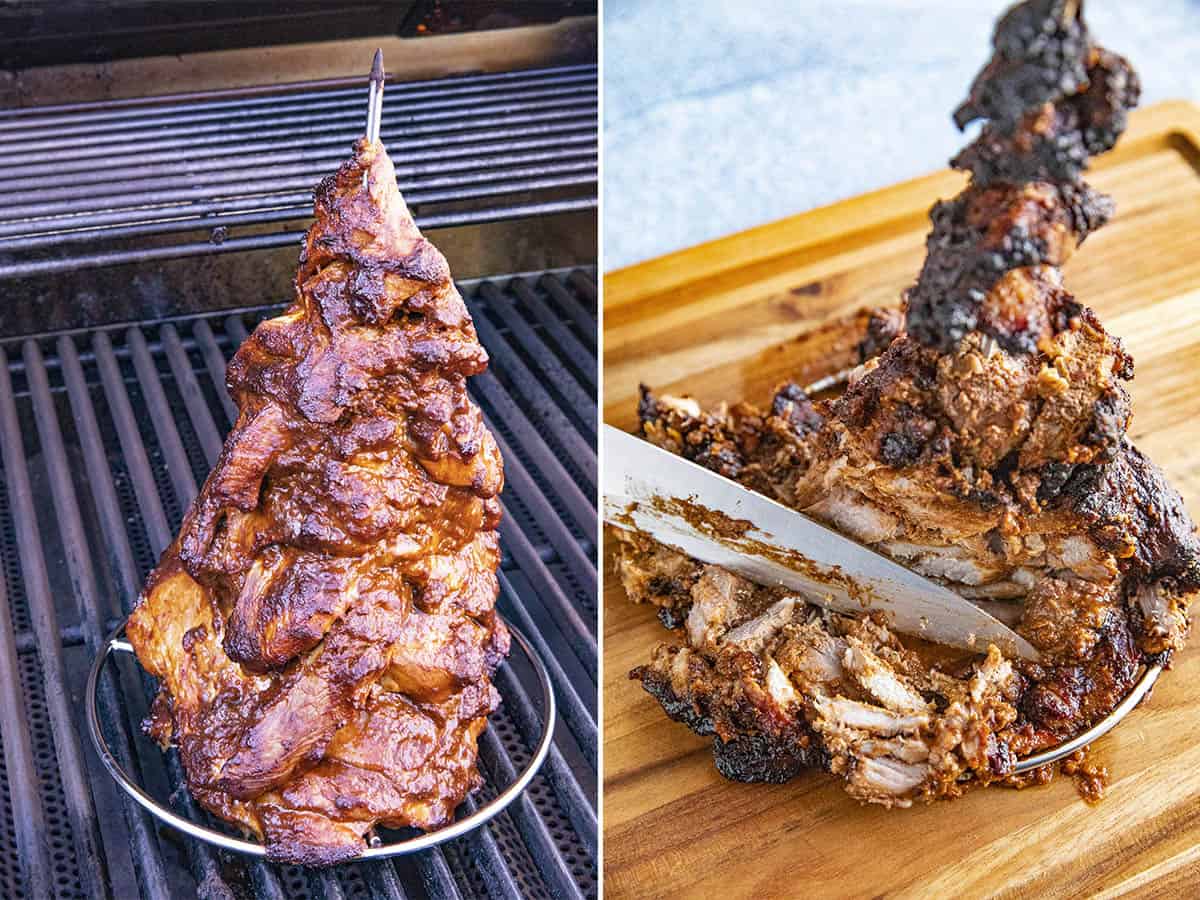 Grilled marinated pork on a vertical spit (skewer) fresh off the grill, and being sliced to make tacos al pastor