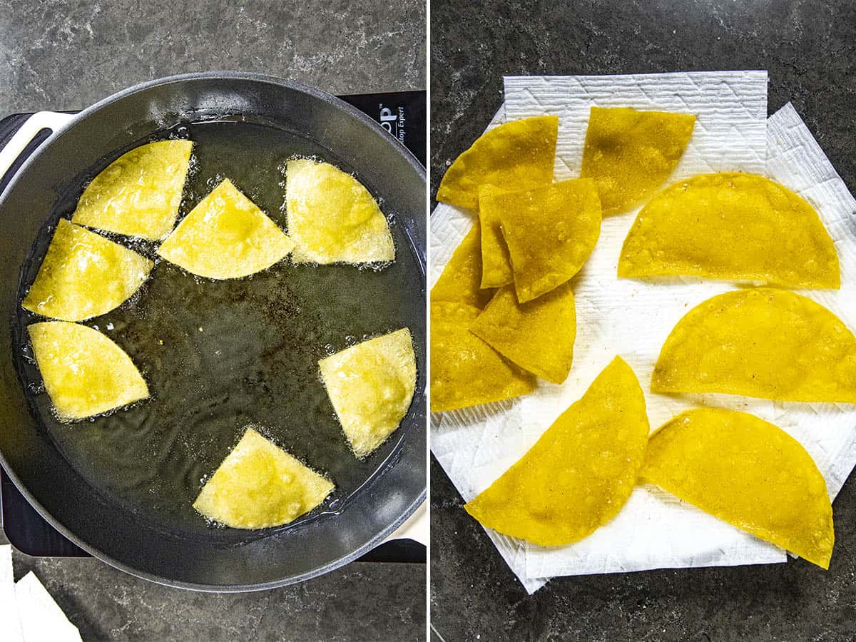 Frying tortillas in hot oil, and draining them on paper towels for making Texas Nachos
