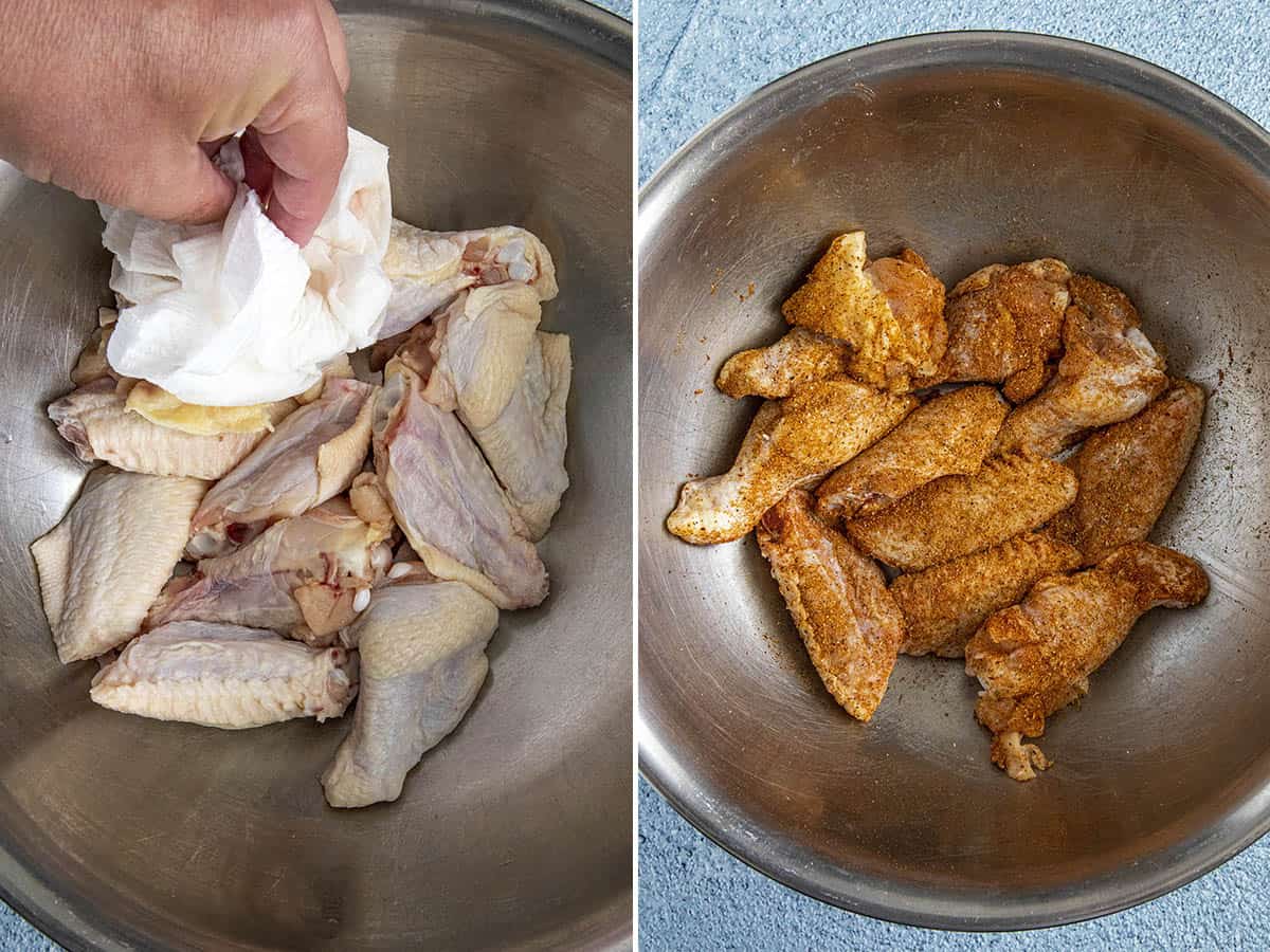 Patting chicken wings dry and seasoning them up to make crispy air fryer chicken wings