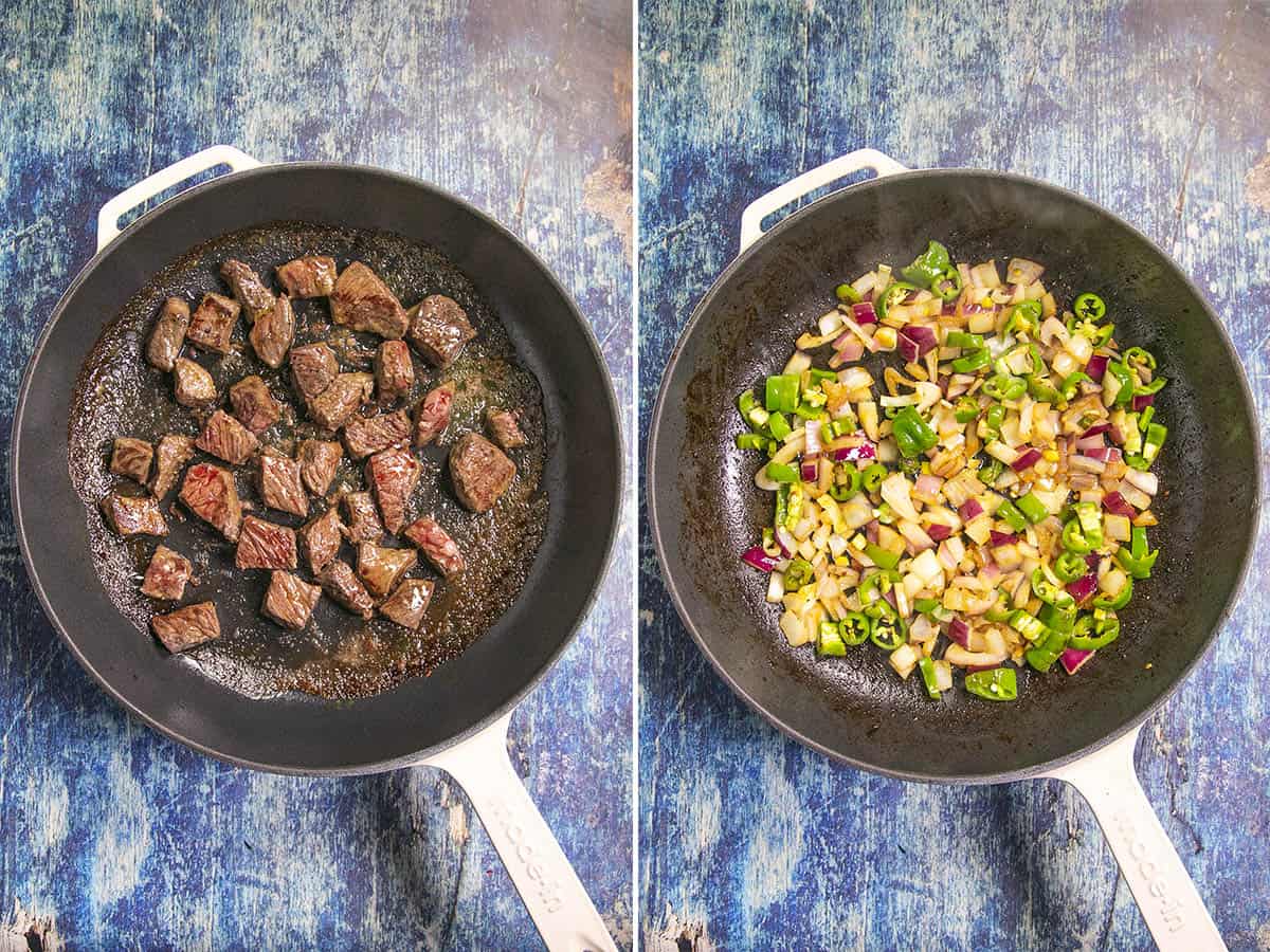 Searing Cubed Beef, and Cooking onions and peppers in a Pan to make Ethiopian Awaze Tibs