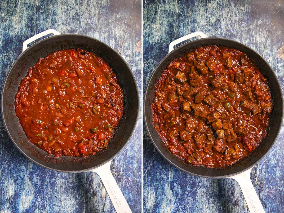 Simmering Ethiopian Awaze Tibs in a pan