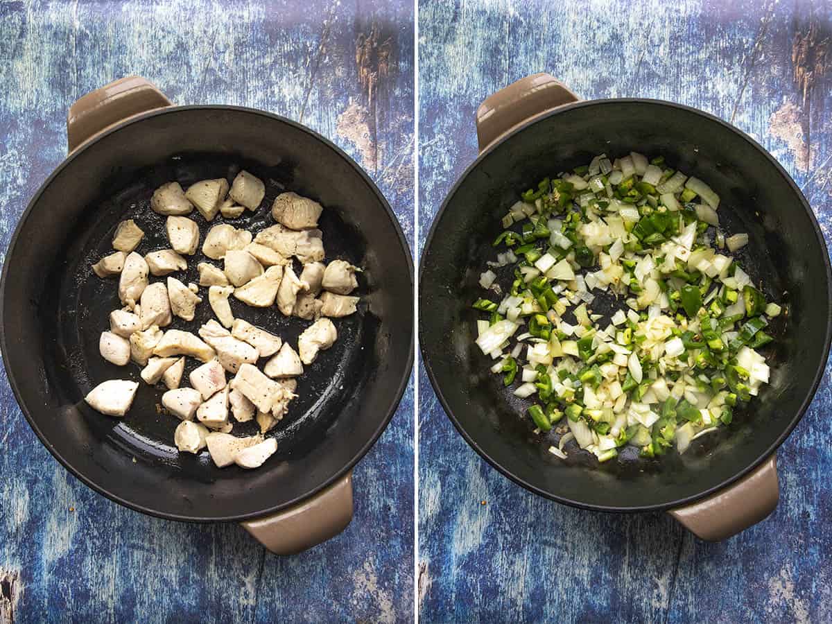 Browning chicken, and cooking down peppers and onions in a pot to make Buffalo Chicken Chili